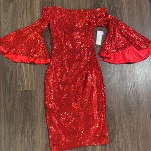 Premier Amour Red Sequin Dress Bell Sleeve